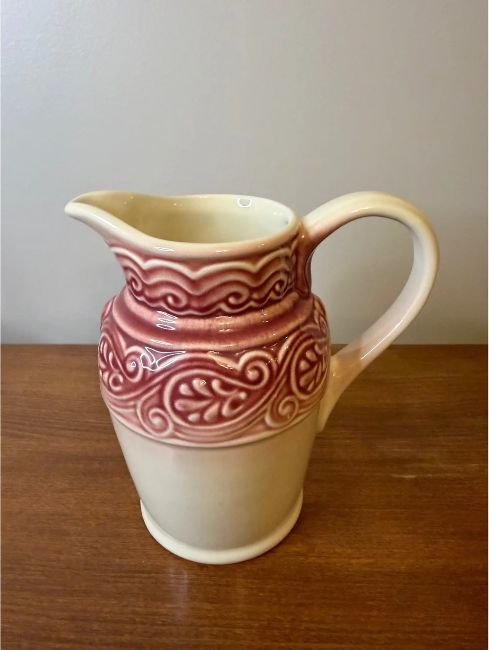 Longaberger Pottery Pitcher with paisley/scroll design